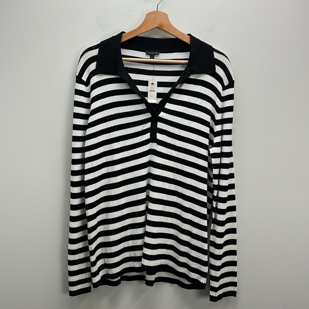 Talbots Johnny Collar Pullover Black White Striped Stretch Knit Ribbed XL New